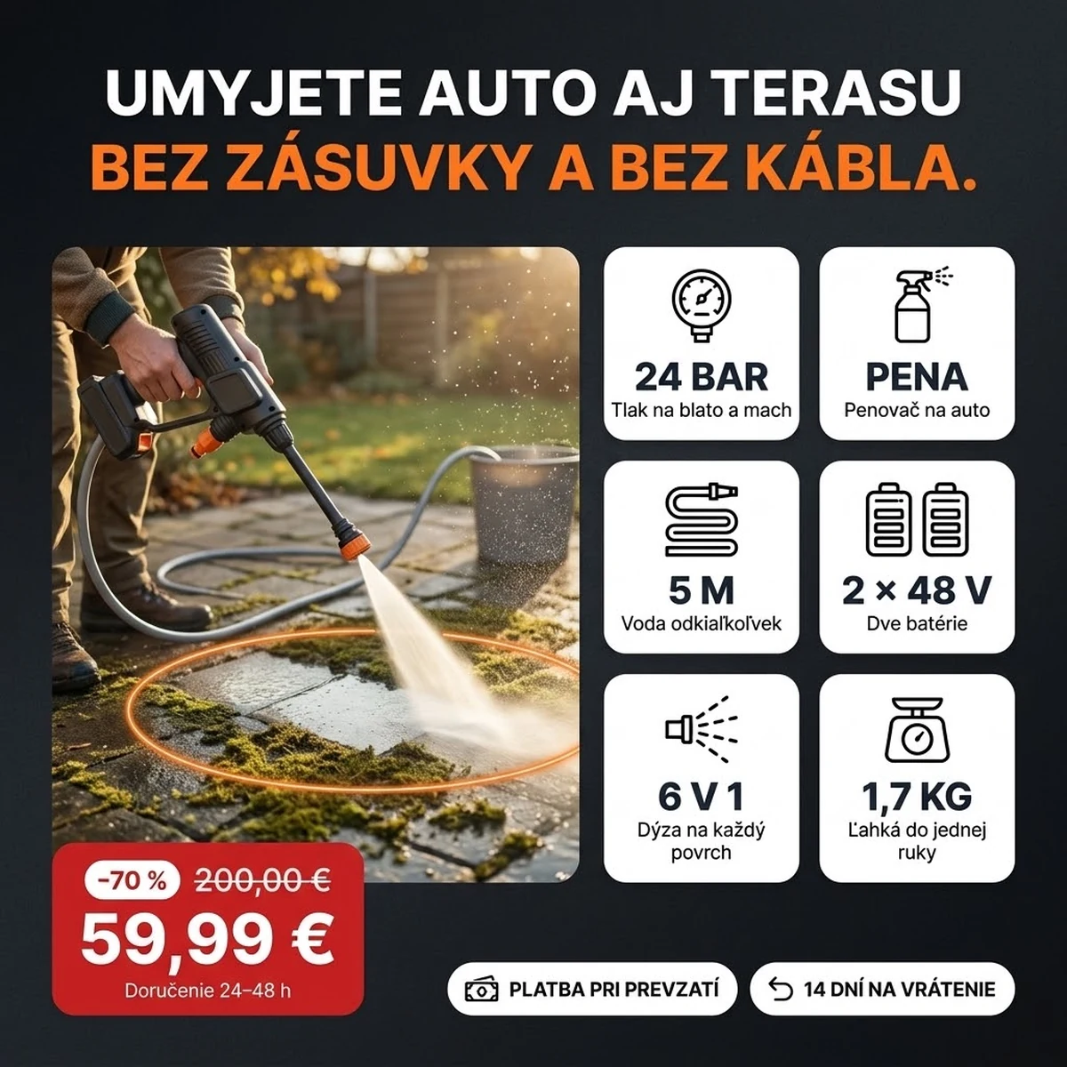 Akumulátorový tlakový čistič PRO s dýzou, penovačom a dvoma batériami, hlavné vlastnosti na kartách