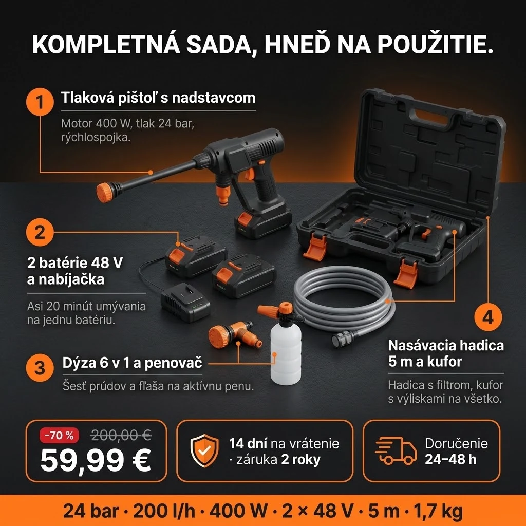 Ponuka Tlakového čističa PRO: pištoľ, dve batérie, dýza, penovač, hadica a kufor, platba pri prevzatí