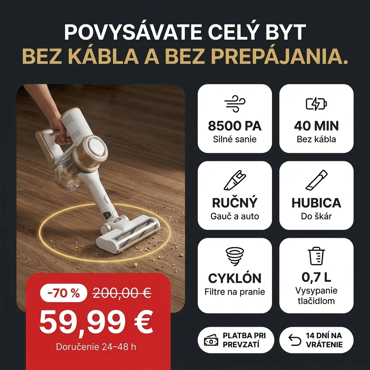 Biely tyčový vysávač so zlatými detailmi a nadstavcami, na kartách hlavných vlastností