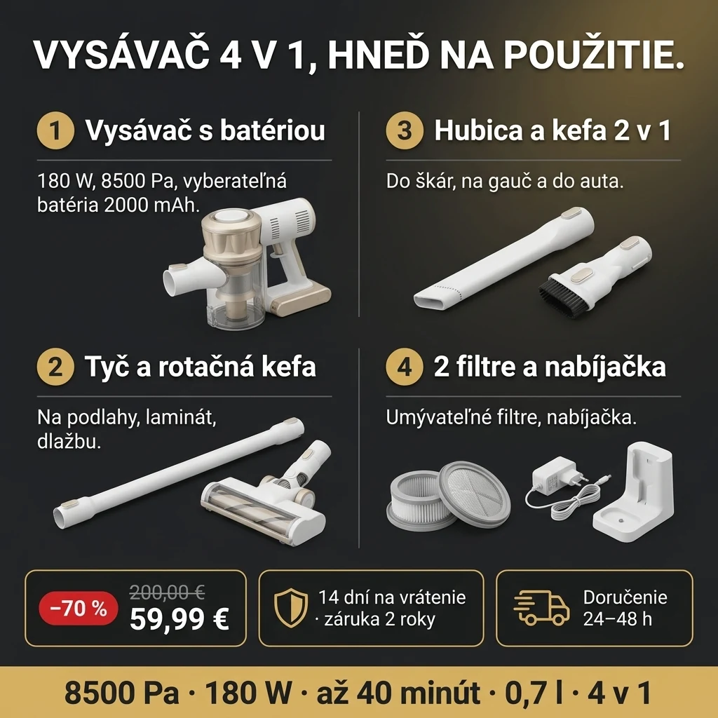 Tyčový vysávač 4 v 1 – ponuka: tyčový vysávač 4 v 1 bez kábla s nadstavcami, 59,99 € namiesto 200,00 €, platba pri prevzatí