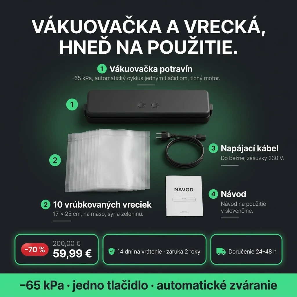 Vákuovačka potravín – ponuka: vákuovačka potravín a 10 vreciek 17 × 25 cm, 59,99 € namiesto 200,00 €, platba pri prevzatí