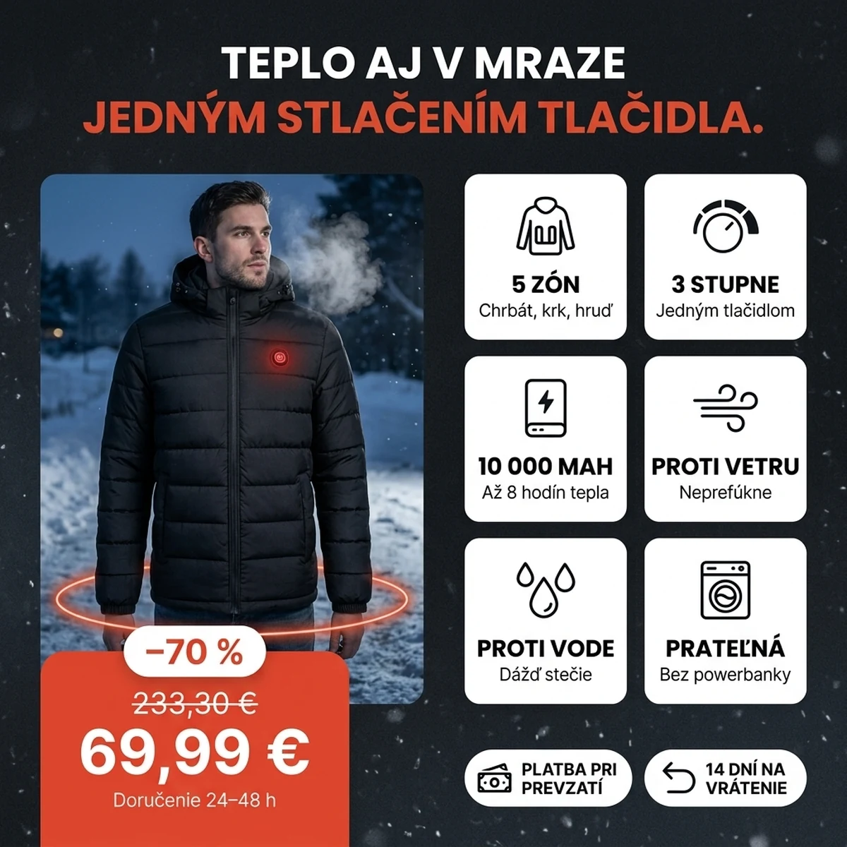 Čierna vyhrievaná bunda s kapucňou, na kartách hlavných vlastností