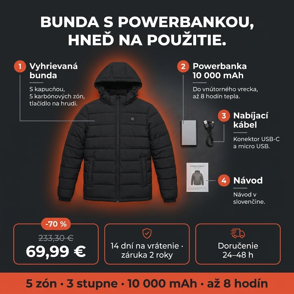 Vyhrievaná bunda – ponuka: vyhrievaná bunda s powerbankou 10 000 mAh, 69,99 € namiesto 233,30 €, platba pri prevzatí